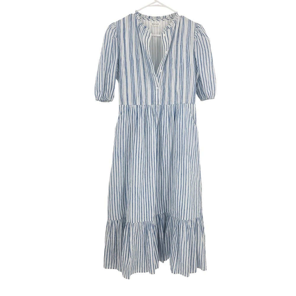 BEAU & RO Striped Midi Dress Blue White Puff Sleeve Tiered Peasant Boho Size XS